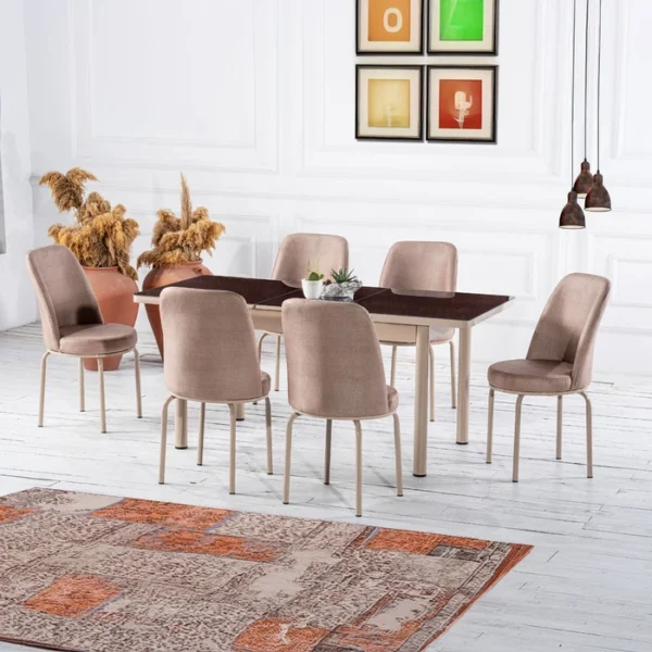 Set Masă Dining Extensibilă OG03 cu 6 Scaune tapitate, Maro, 130/170x80x77, Design Elegant, Mobila Mega