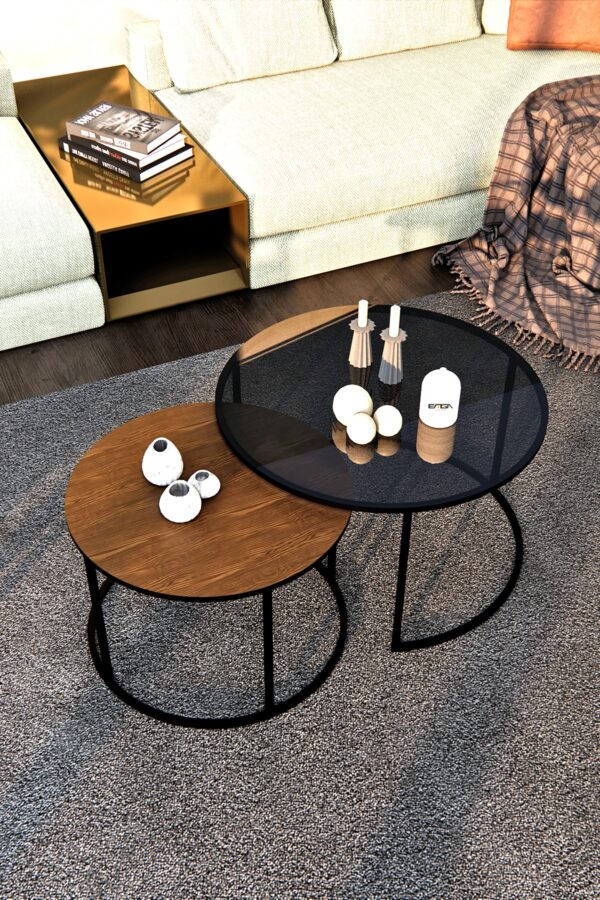 Set Măsuțe Cafea KYOTO 2 în 1, Suprapozabile, Design Modern, Cadru Metalic, Mobilier Living, Mobila Mega
