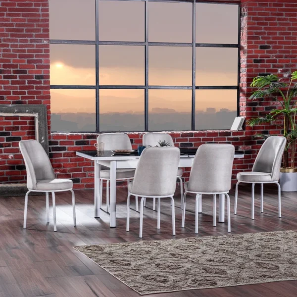 Set Masă Dining Extensibilă GOLD OG22, Negru Alb Crem cu 6 Scaune Tapițate, Modernă,130/170x80x77, Design Elegant, Mobila Mega