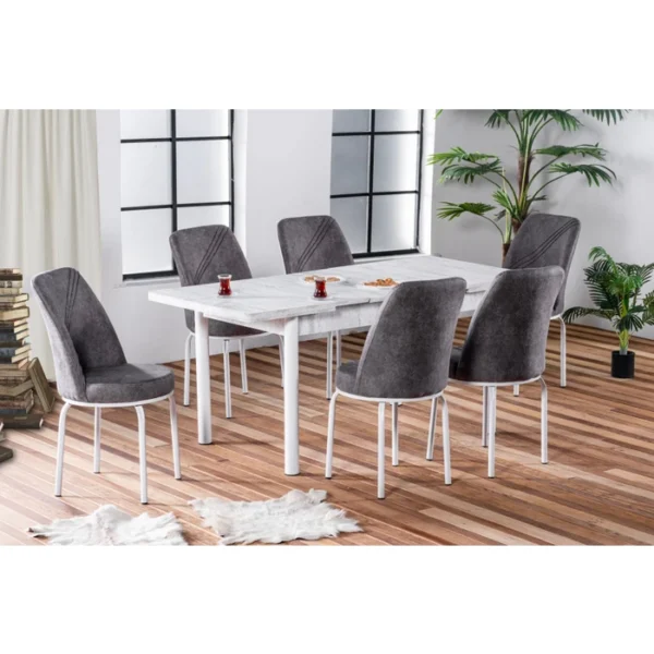 Set Masă Extensibilă SPRING GRI ALB MARO cu 6 Scaune, Masă Dining Extensibilă Modernă, Design Elegant, Mobilier Bucătărie și Living, Mobila Mega