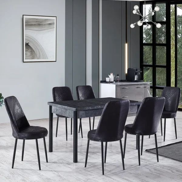 Set Masă Dining Extensibilă SPRING Negru Marmorat cu 6 Scaune, 130/168x80x77, Design Elegant, Mobila Mega