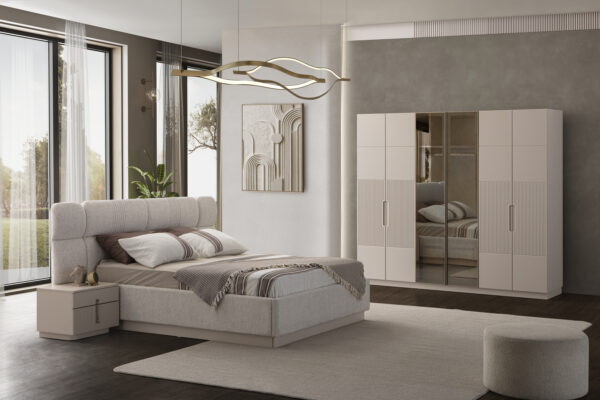 Dormitor LINE TZ, Set Dormitor Modern cu Dulap, Pat și Comodă, Design Elegant, Mobilier Dormitor Complet, Mobila Mega