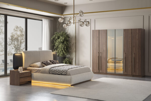 Dormitor LOTUS TZ, Set Dormitor Modern cu Dulap, Pat și Comodă, Design Elegant, Mobilier Dormitor Complet, Mobila Mega
