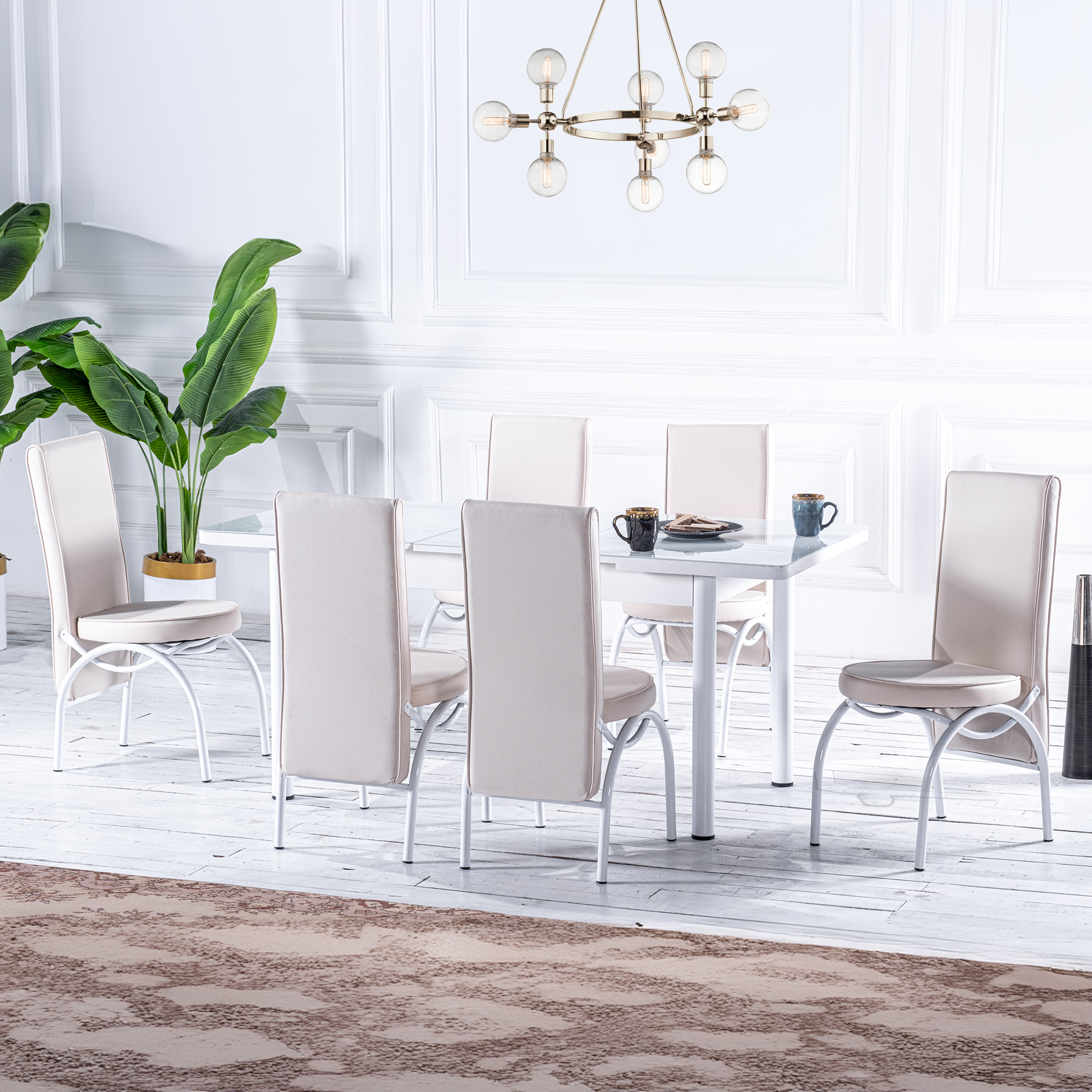 Set masă dining Extensibila cu 6 scaune Orhidee Alb, design elegant, Mobila Mega